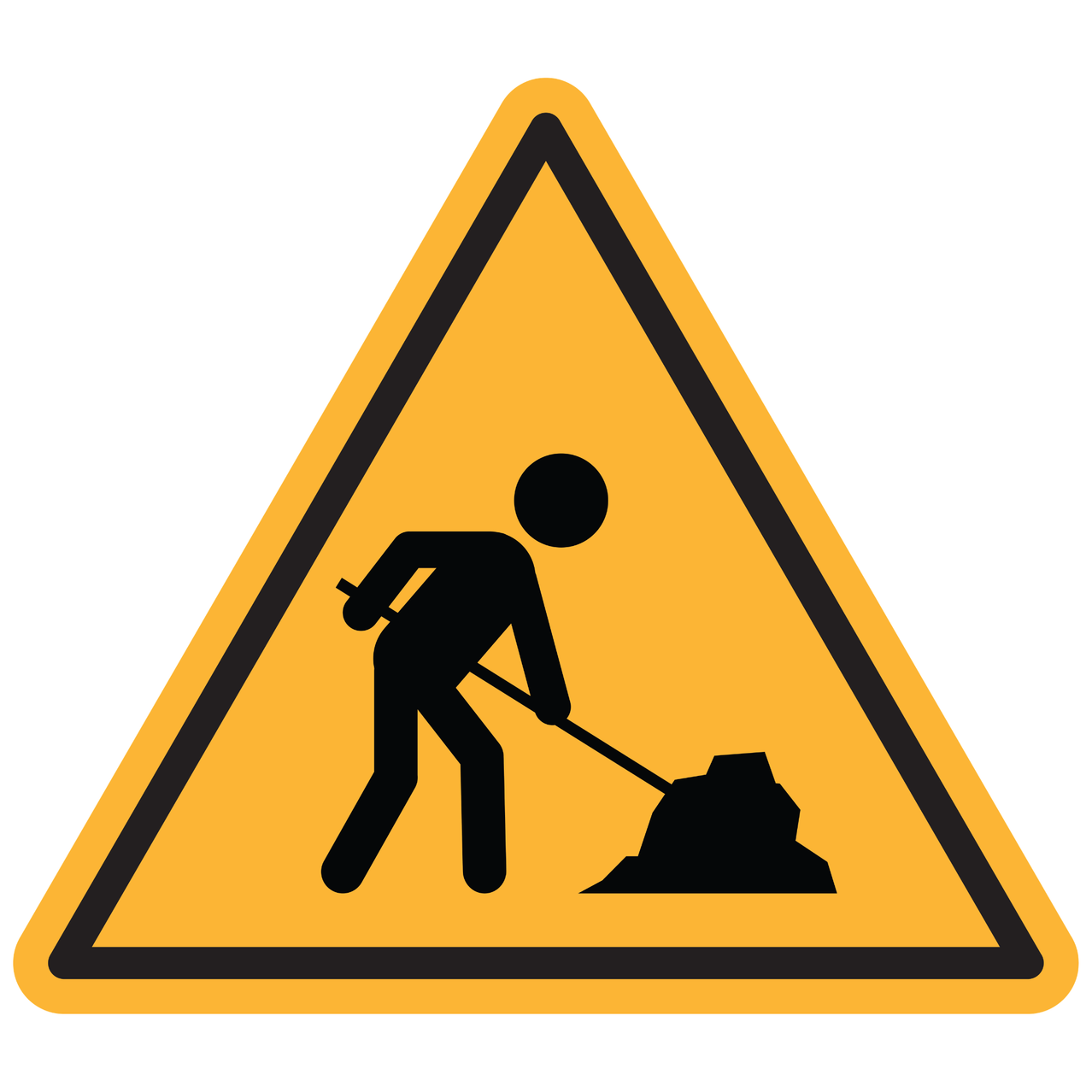 A triangular warning sign shows a person shoveling with a pile of dirt.