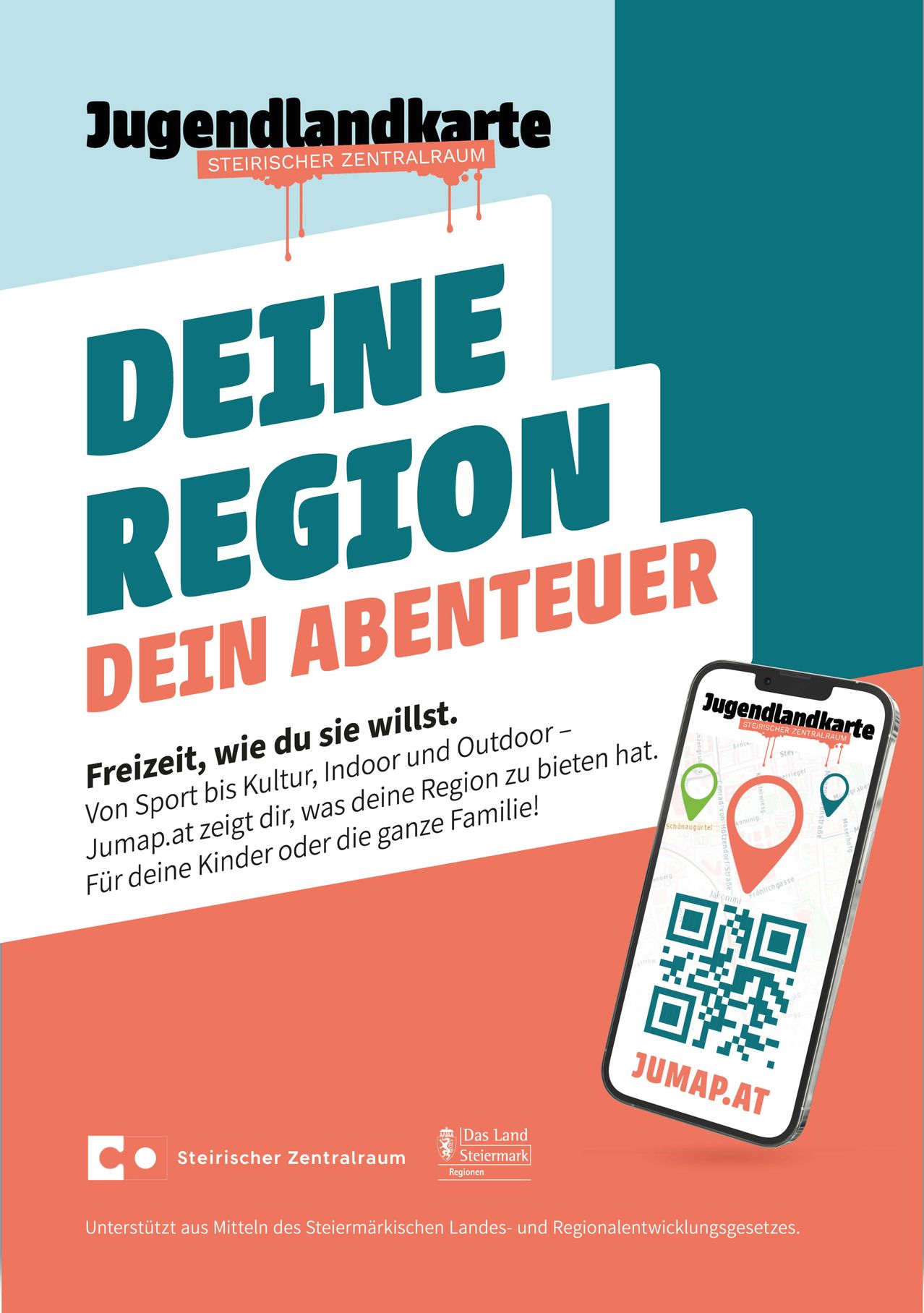 Advertisement for a mobile app showing freedom and adventure in your region. It shows sports, culture, indoor and outdoor activities for kids and families. QR code leads to the website.