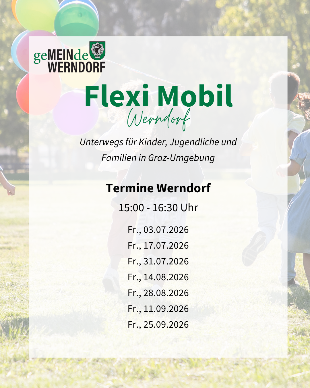 Flexi Mobil Wernsdorf-Veranstaltung für Kinder, Jugendliche und Familien in der Umgebung von Graz. Termine: 3., 17., 31. Juli; 14., 28. August; 11., 25. September 2026, 15:00-16:30 Uhr.