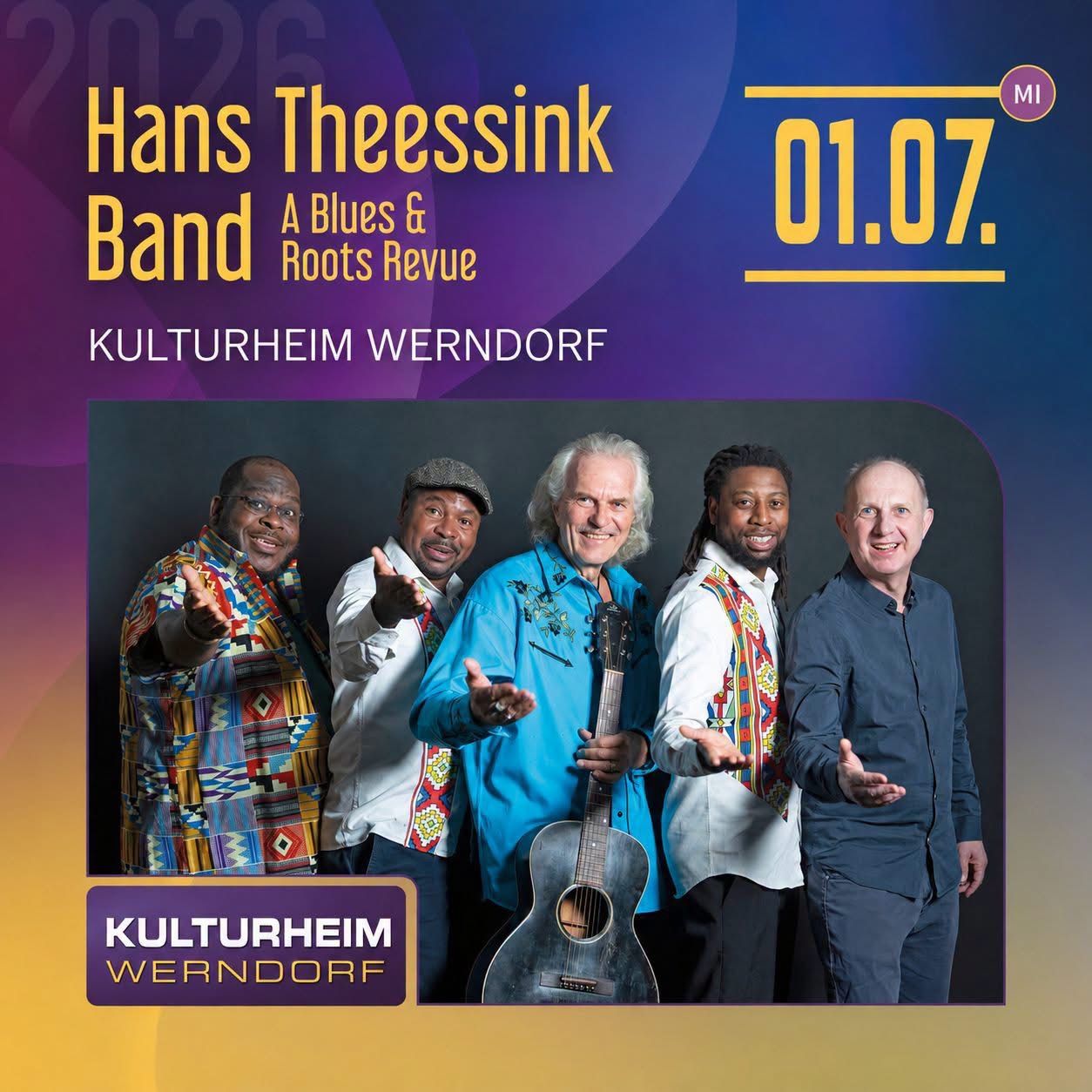 Hans Theessink Band Plakat mit einem Blues- und Roots-Revue im Kulturheim Werndorf am 01.07.
