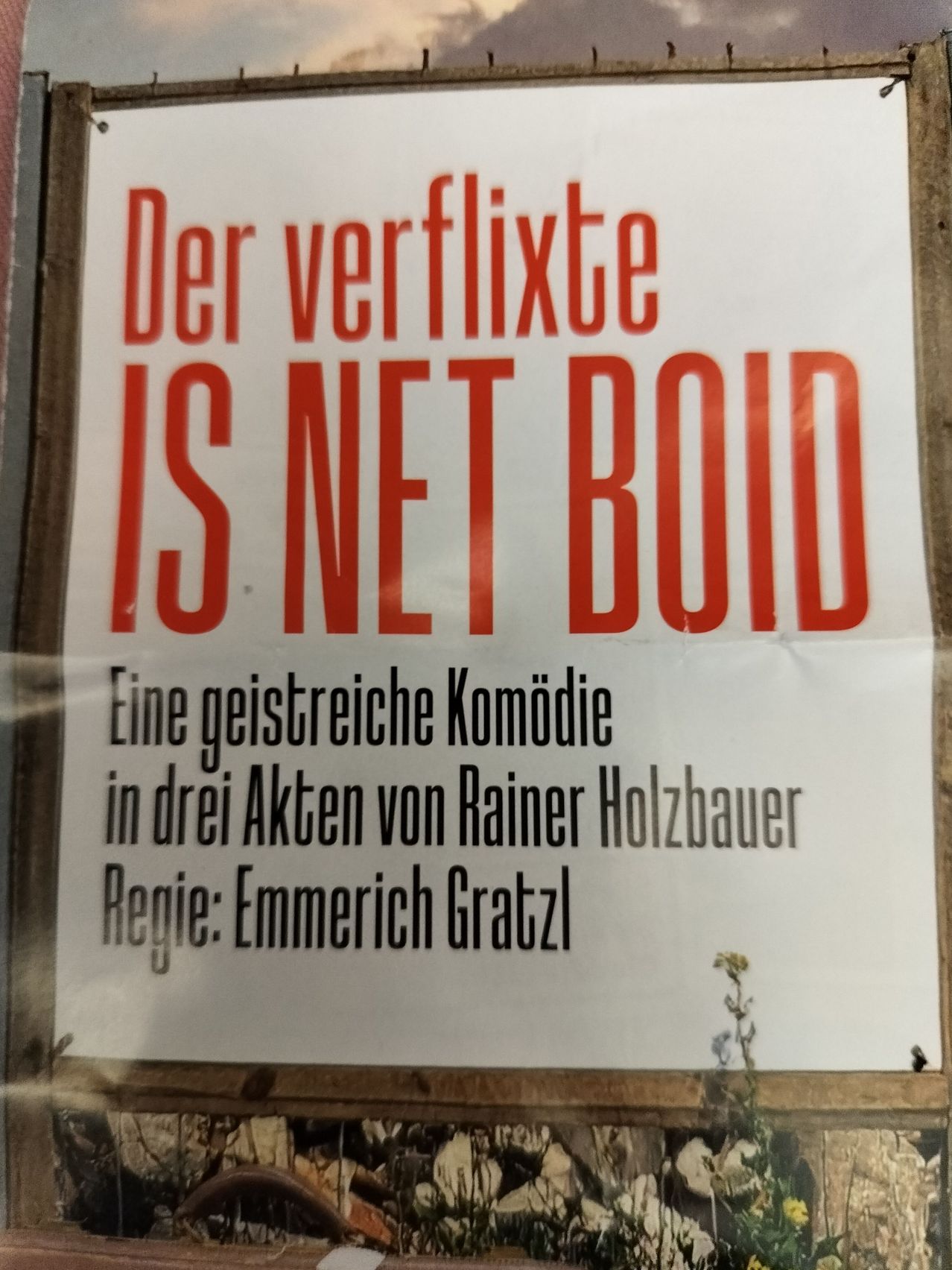 Poster for the play 'Der verflixte IS NET BOID' by Rainer Holzbauer, directed by Emmerich Gratzl. The text is in red and black on a white background.
