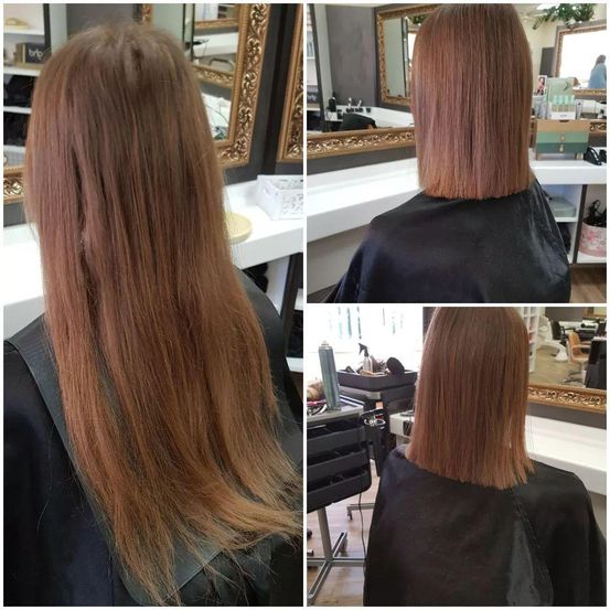 Eine Person mit langen, glatten braunen Haaren ist in einem Salon. Drei verschiedene Blickwinkel des Haares der Person werden gezeigt.