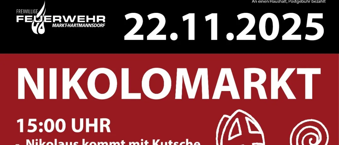 Plakat für Nikolomarkt. Beginn um 15:00 Uhr, inkl. Nikolaus Ankunft, Kinderfahrgeschäfte, Gesichtsbemalung, Kinderdisco. Endet um 17:00 Uhr mit Nikolo-Umzug und Disco. Reservierungen für Hausbesuche vor dem 05.12.2025 erwünscht.