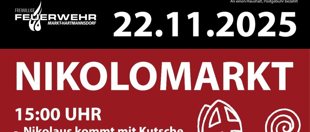 Plakat für Nikolomarkt. Beginn um 15:00 Uhr, inkl. Nikolaus Ankunft, Kinderfahrgeschäfte, Gesichtsbemalung, Kinderdisco. Endet um 17:00 Uhr mit Nikolo-Umzug und Disco. Reservierungen für Hausbesuche vor dem 05.12.2025 erwünscht.