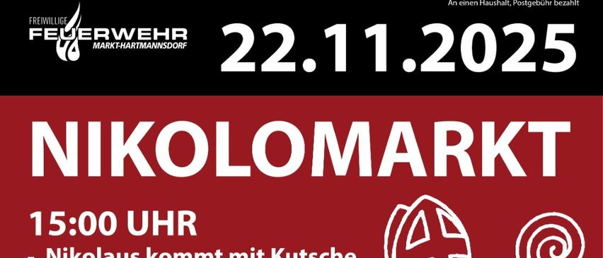 Plakat für Nikolomarkt. Beginn um 15:00 Uhr, inkl. Nikolaus Ankunft, Kinderfahrgeschäfte, Gesichtsbemalung, Kinderdisco. Endet um 17:00 Uhr mit Nikolo-Umzug und Disco. Reservierungen für Hausbesuche vor dem 05.12.2025 erwünscht.