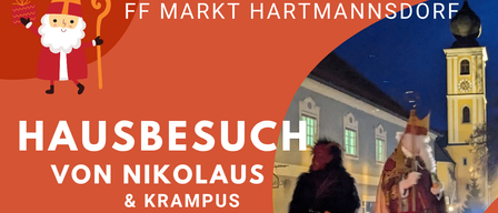 Ein Plakat für das Hausbesuch von Nikolaus & Krampus-Event, das einen Weihnachtsmann mit Krampus zeigt, geplant für Freitag, 5. Dezember 2025, Beginn um 16:30 Uhr.