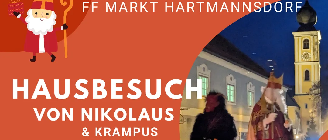 Ein Plakat für das Hausbesuch von Nikolaus & Krampus-Event, das einen Weihnachtsmann mit Krampus zeigt, geplant für Freitag, 5. Dezember 2025, Beginn um 16:30 Uhr.