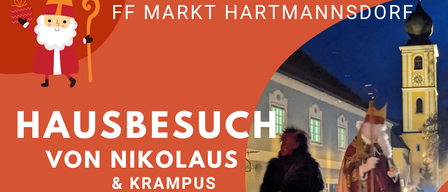 Plakat für einen Hausbesuch von Nikolaus und Krampus am Sonntag, 6. Dezember 2025 um 16:30 Uhr. Zeigt ein Bild von Nikolaus und Krampus auf der Bühne.