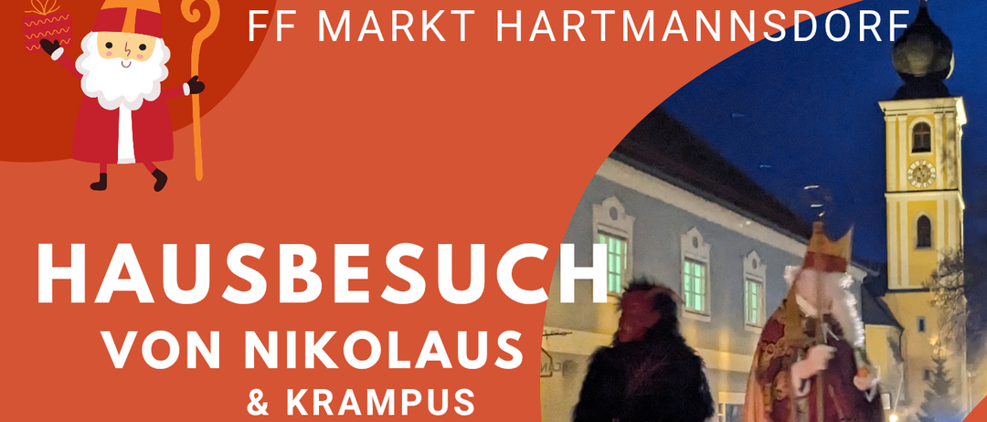 Plakat für einen Hausbesuch von Nikolaus und Krampus am Sonntag, 6. Dezember 2025 um 16:30 Uhr. Zeigt ein Bild von Nikolaus und Krampus auf der Bühne.