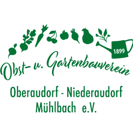 Ein schwarzes Banner mit grünem Text und Symbolen. Es steht geschrieben 'Obst- u. Gartenbauverein Oberaudorf-Niederaudorf Mühlbach e.V.' Zentral ist ein Gießkannensymbol vorhanden.