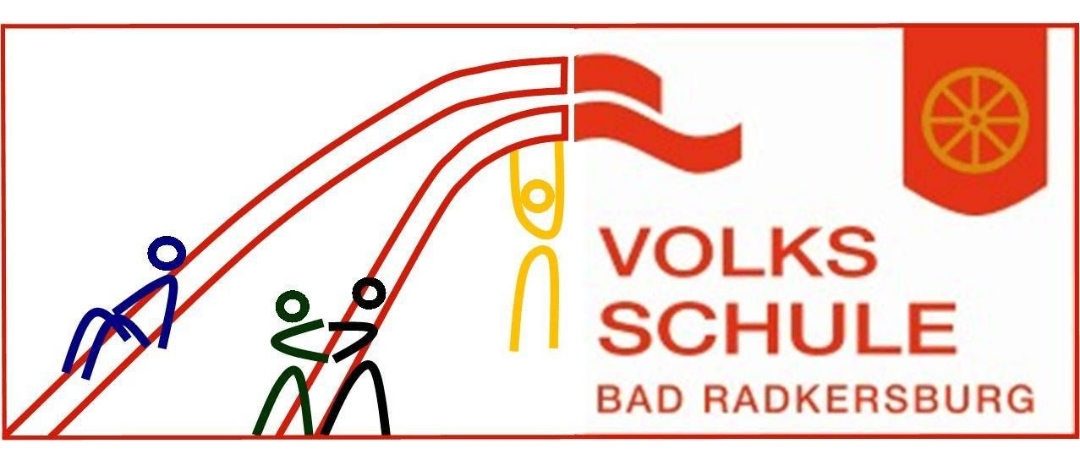 Das Logo der Volksschule Bad Radkersburg zeigt eine rote Flagge, ein Rad und eine stilisierte Figur von Menschen, die eine Rutsche erklimmen. Der Text lautet 'Volksschule Bad Radkersburg'.