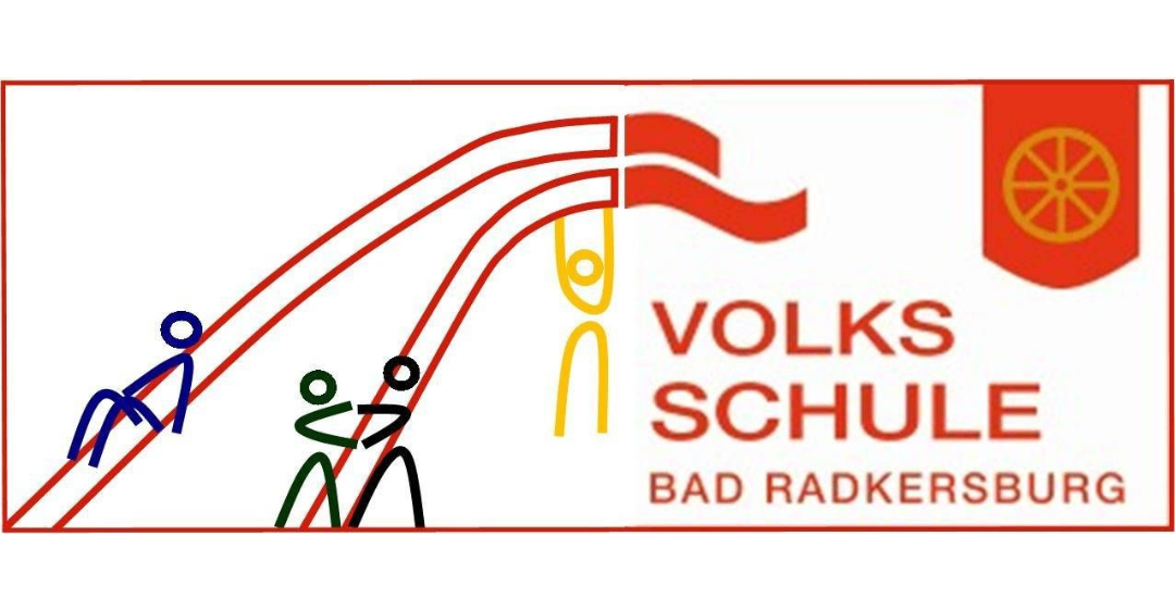 Ein farbenfrohes Logo mit Illustrationen von Menschen und einer Flagge, mit dem Text 'VOLKS SCHUL BAD RADKERSBURG' darunter.