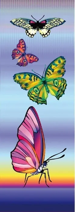 Vier farbenfrohe Schmetterlinge mit einzigartigen Mustern fliegen in einem Regenbogen-Farbverlaufshimmel und zeigen ihre leuchtenden Flügel.