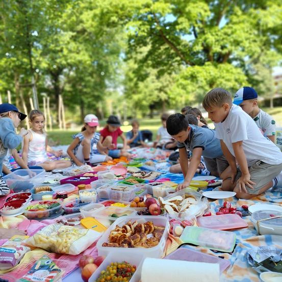 Eine Gruppe von Kindern macht ein Picknick im Park mit einer Vielzahl von Lebensmitteln auf der Decke.