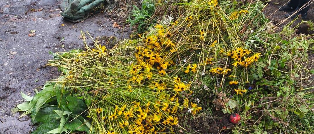 Ein Haufen gelber Blumen und grüner Blätter auf dem Boden, mit Menschen im Hintergrund.