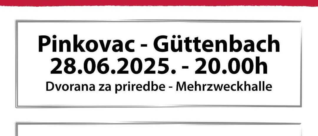 Plakat für Sommerkonzerte. Erstes Konzert in Pinkovac-Guttenbbach am 28.06.2025 um 20:00. Zweites Konzert in Krtez-Gaas am 29.06.2025 um 17:00.