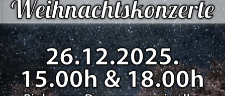 Werbung für Weihnachtskonzerte des Tambura-Orchesters und Chor Guettenbach. Die Konzerte finden am 26. Dezember 2025 um 15:00 und 18:00 Uhr statt. Die Orte sind Pinkovac und Guettenbach. Der Eintritt ist frei.