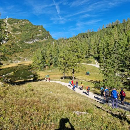 Eine Gruppe von Wanderern mit Rucksäcken geht auf einem Pfad, umgeben von Bergen, Bäumen und Gras, mit einem See im Hintergrund.