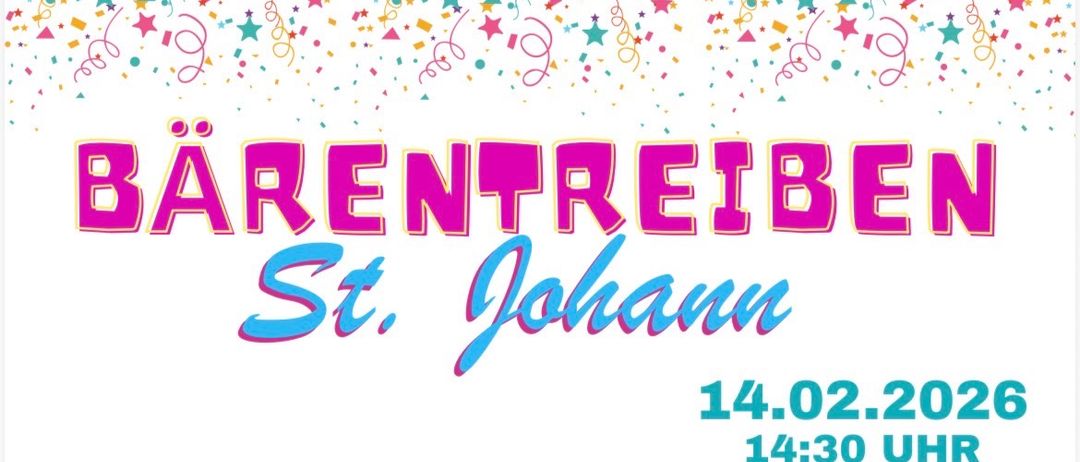 Ein festlicher Plakatanzeiger verkündet 'St. Johann' mit Konfetti und Sternen. Das Datum 14.02. und die Zeit 14:30 sind prominent angezeigt.