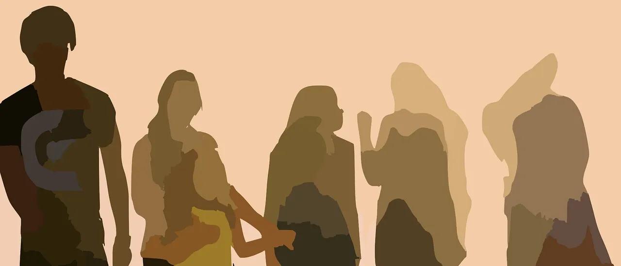 Eine Silhouette einer Familie, die im Wasser steht, mit einem Kind zwischen zwei Erwachsenen und einem Mann, der getrennt steht. Der Hintergrund ist beige.