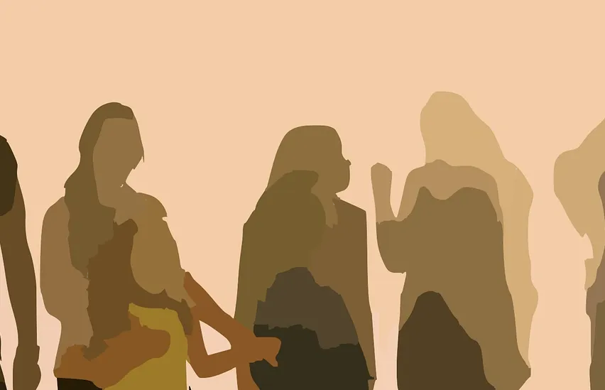 Eine Silhouette einer Familie, die im Wasser steht, mit einem Kind zwischen zwei Erwachsenen und einem Mann, der getrennt steht. Der Hintergrund ist beige.