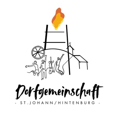 Illustration einer Dorfgemeinschaft mit einem Lagerfeuer, einem Rad und einer Kirche in St. Johann/Hintenburg.