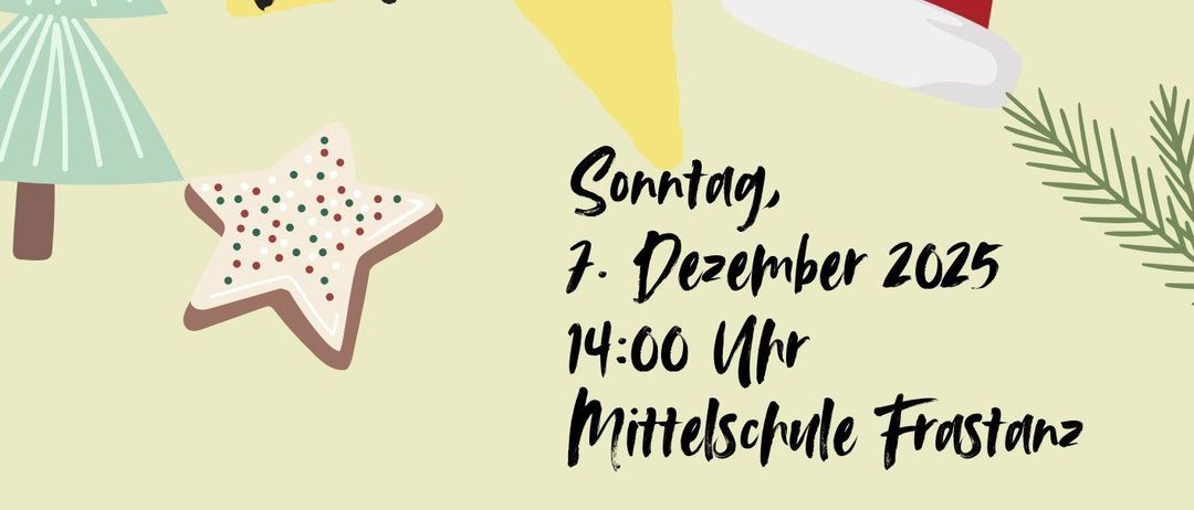 Plakat für Nikolaus turnen, Sonntag, 7. Dezember 2025 um 14:00, Mittelschule Frastanz. Eine Weihnachtsmütze, Tannenbäume und ein Stern schmücken den gelben Hintergrund. Ein Hinweis lautet: 'Großes Highlight für unsere Turnerkinder. Der Nikolaus verteilt Geschenke!'