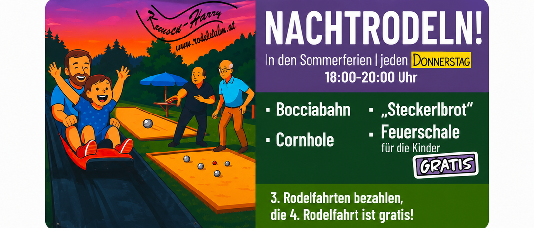 Werbeposter für Nachtfahrten mit Aktivitäten wie Bocciabahn, Cornhole und Steckerli für Kinder. Beginn um 18:00-20:00. Bezahlen Sie für 3 Fahrten, die 4. Fahrt ist gratis.