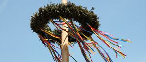 Ein Maibaum mit immergrünen Kränzen und bunten Bändern verziert hängt gegen einen blauen Himmel.