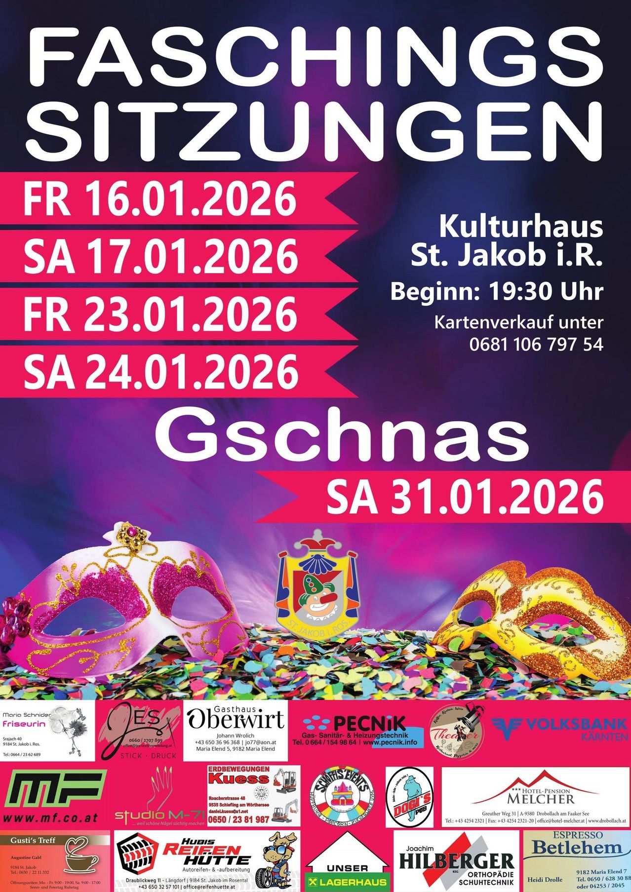 Plakat zur Ankündigung einer Reihe von Sitzungen in Gschmas. Die angegebenen Termine sind der 16., 17., 23. und 24. Januar 2026. Die Sitzungen finden im Kulturhaus St. Jakob i.R. um 19:30 Uhr statt. Kartenverkauf unter der Nummer 0681 106 797 54.