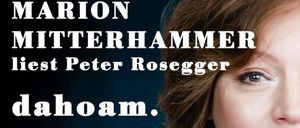 Ein blauer Hintergrund zeigt weißen Text, der 'IRION TERHAMME' und 'Peter Rosegger' liest. Unten befindet sich ein Bild einer Frau mit braunen Haaren.