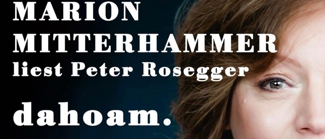 Ein Plakat mit einem dunkelblauen Hintergrund und weißen Text, der 'ION ERHAMME Peter Rosegger' und 'noam.' zeigt. Es ist ein Nahaufnahme des Gesichts einer Frau, teilweise von ihrem Haar verdeckt.