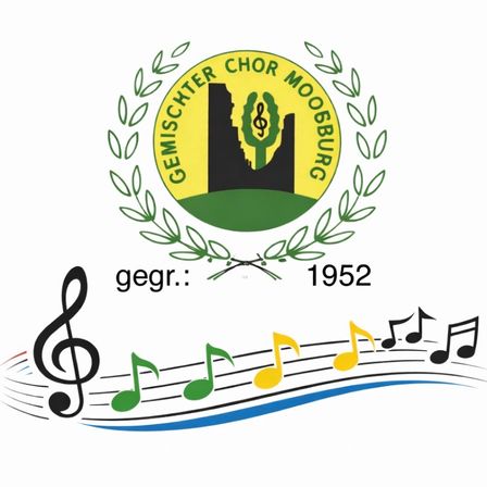 Das Logo des Gemischer Chor Moosburg zeigt eine Musiknote, einen Baum und das Jahr 1952. Der Name Gemischer Chor Moosburg ist über dem Logo geschrieben. Musikalische Noten sind unterhalb des Logos angeordnet.