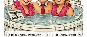Plakat für eine Komödie von Winnie Abel. Es zeigt drei Personen in einer Badewanne, eine hält ein Buch mit dem Titel 'SKANDAL IM BAU'. Termine und Zeiten für Aufführungen sind aufgeführt.