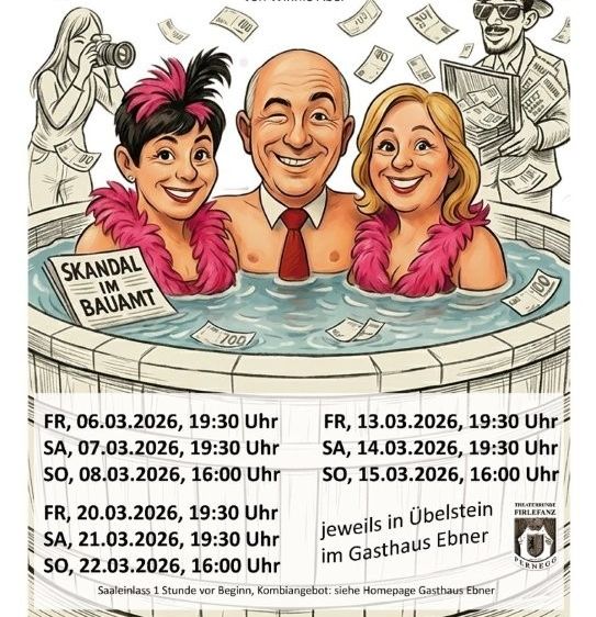 Plakat für eine Komödie von Winnie Abel. Es zeigt drei Personen in einer Badewanne, eine hält ein Buch mit dem Titel 'SKANDAL IM BAU'. Termine und Zeiten für Aufführungen sind aufgeführt.