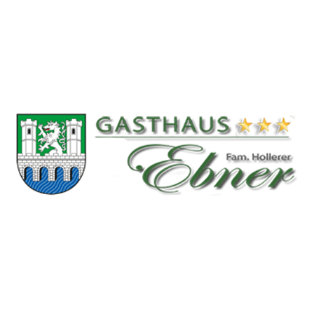 Das Logo des Gasthauses Ebner zeigt ein Schloss-Emblem mit einem Drachen, grünem Text und drei Sternen.