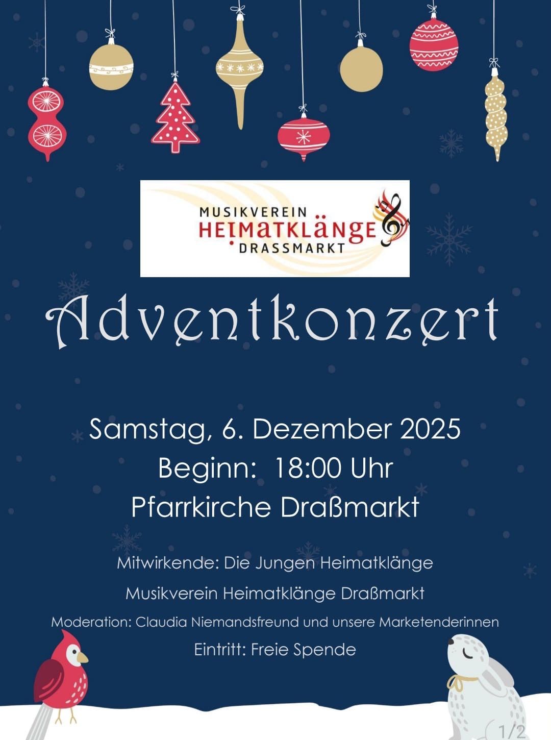 Plakat für das Adventkonzert am 6. Dezember 2025, Beginn 18:00 Uhr, in der Pfarrkirche DraBmarkt. Die Veranstaltung wird von Heimatklange DraBmarkt organisiert und bietet Auftritte junger Heimatklange-Teilnehmer. Claudia Niemandsfreund und Marketenderinnen moderieren.