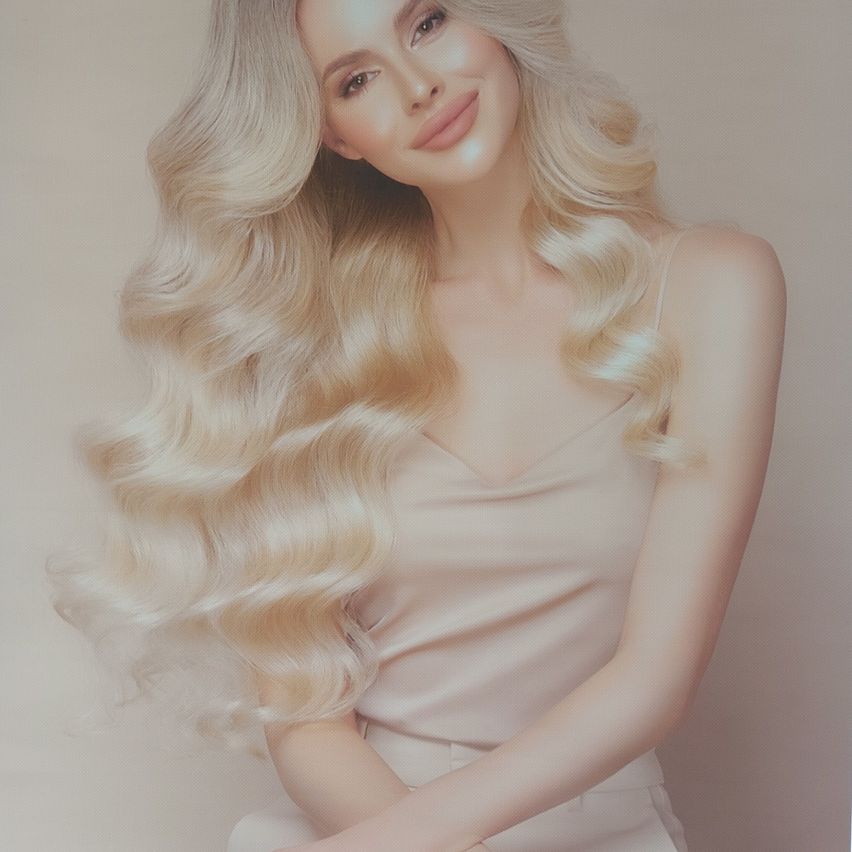 A woman with long, wavy blonde hair, wearing a white sleeveless top, smiling at the camera.