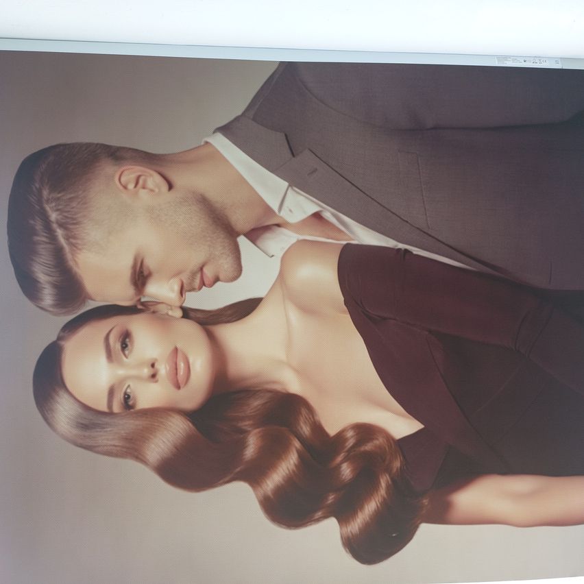 Ein Mann in einem grauen Anzug küsst eine Frau mit langen braunen Haaren, die ein Weinrot-Kleid trägt. Sie schauen sich beide an.