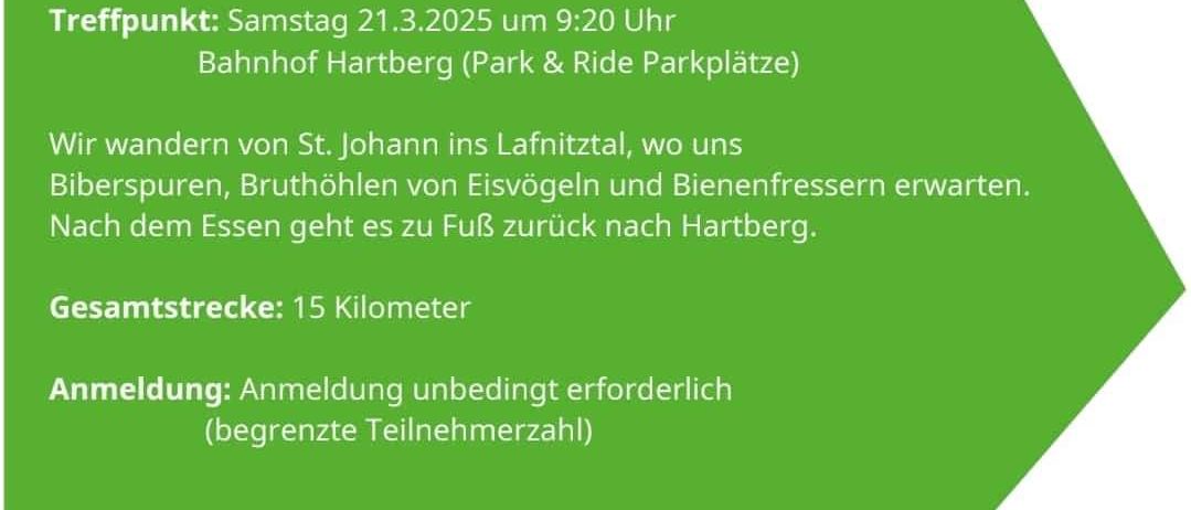 Ein Familienwanderungsplakat für Naturjuwel Lafnitztal. Treffpunkt: Samstag, 21.3.2025 um 9:20 Uhr am Bahnhof Hartberg. Die Wanderung beinhaltet ein Essen und eine Anmeldung ist erforderlich. Die Strecke beträgt 15 Kilometer.