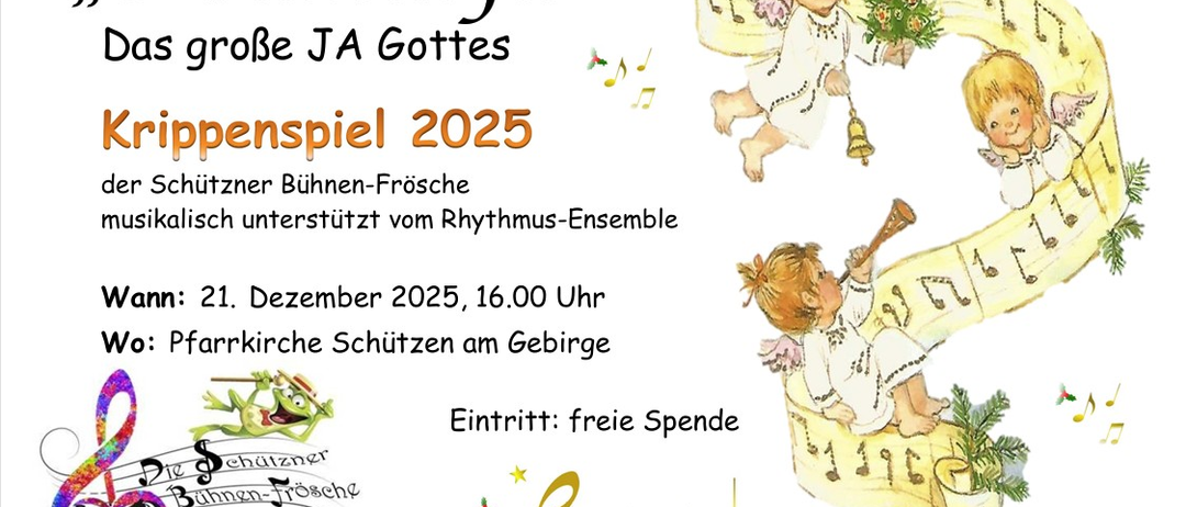 Ein Plakat bewirbt 'Hallelujah' eine große Jugendveranstaltung von Gottes, geplant für 2025. Es zeigt Engel, Musiknoten und einen Weihnachtsbaum. Die Veranstaltung findet am 21. Dezember 2025 um 16 Uhr in der Pfarrkirche Schützen am Gebirge statt. Der Eintritt ist frei.
