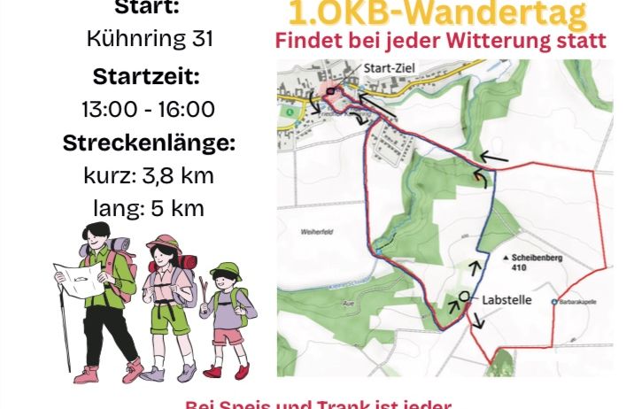 Das Plakat für die OeKB-Wanderung am 07.09.2025 in Kühnring 31 lädt alle ein, auch Nichtmitglieder. Die Wanderung bietet zwei Routen: eine kurze 3,8 km und eine lange 5 km. Essen und Getränke sind inklusive.