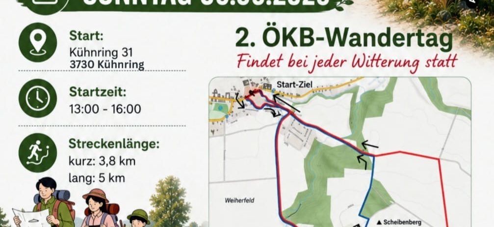Plakat für den zweiten gemeinsamen Wandertag von OeKB Kuehnring am 06.09.2026, Start um 13:00 Uhr in Kuehnring 31. Die Strecke umfasst 3,8 km kurz und 5 km lang. Die Veranstaltung ist offen für alle, unabhängig vom Wetter.