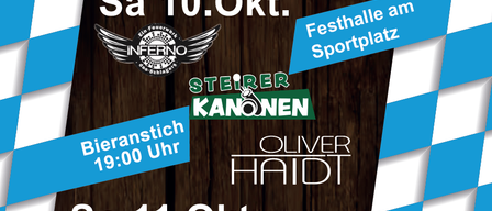 Poster for a festival event on October 10th and 11th. It features a blue and white checkered pattern, a logo for St. Lorenzen am Wechsel, and sponsors like Steirer Kanonen and Oliver Haidt. The event includes a beer tasting at 7 PM on October 10th and a mass at 10 AM on October 11th.