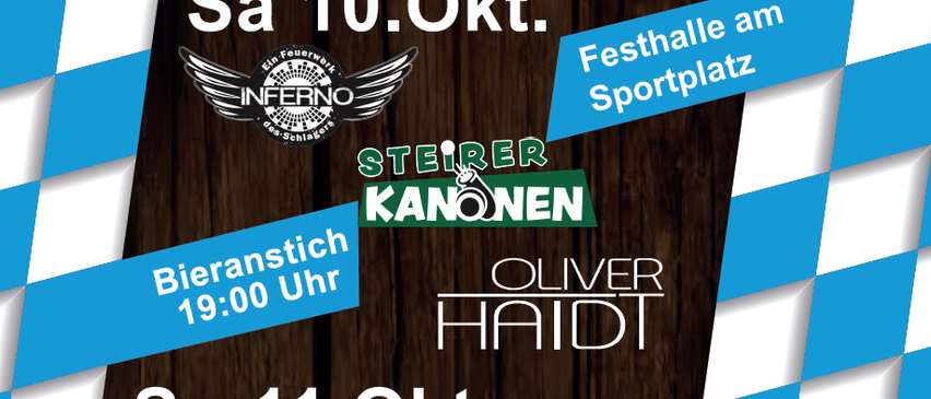Plakat für ein Festival-Event am 10. und 11. Oktober. Es zeigt ein blau-weißes Karomuster, ein Logo für St. Lorenzen am Wechsel und Sponsoren wie Steirer Kanonen und Oliver Haidt. Das Event beinhaltet eine Bierverkostung um 19:00 Uhr am 10. Oktober und eine Messe um 10:00 Uhr am 11. Oktober.