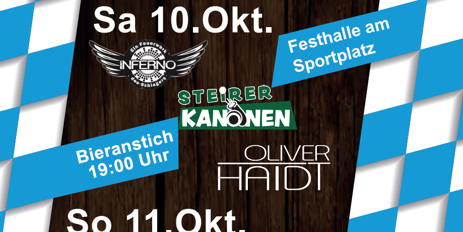 Plakat für ein Festival-Event am 10. und 11. Oktober. Es zeigt ein blau-weißes Karomuster, ein Logo für St. Lorenzen am Wechsel und Sponsoren wie Steirer Kanonen und Oliver Haidt. Das Event beinhaltet eine Bierverkostung um 19:00 Uhr am 10. Oktober und eine Messe um 10:00 Uhr am 11. Oktober.