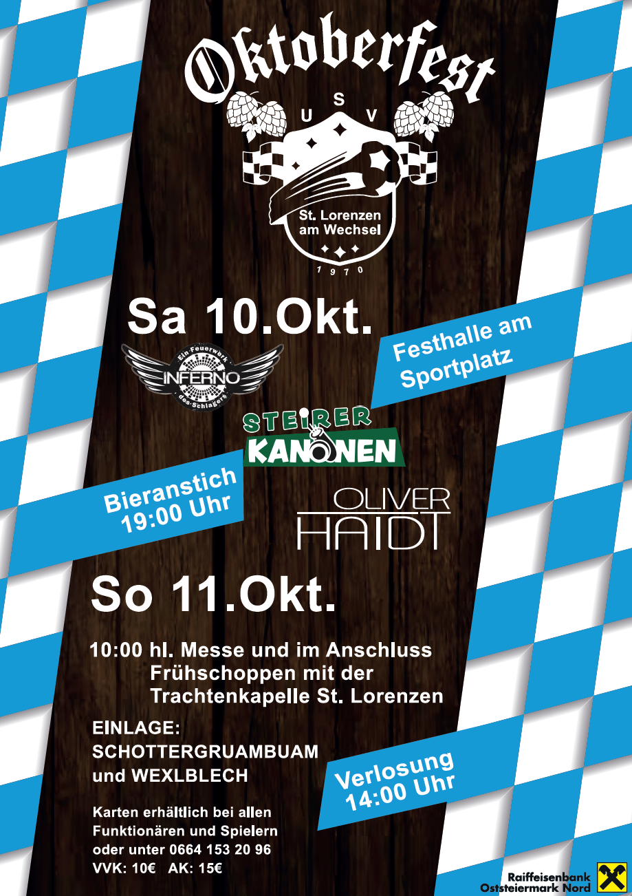 Plakat für die Veranstaltung in St. Lorenzen am Wechsel am 10. und 11. Oktober, mit blau-weißem Karohintergrund, Logos von Inferno, Steirer Kanonen und Oliver Haidt sowie Angaben zu den Veranstaltungszeiten und -ort.