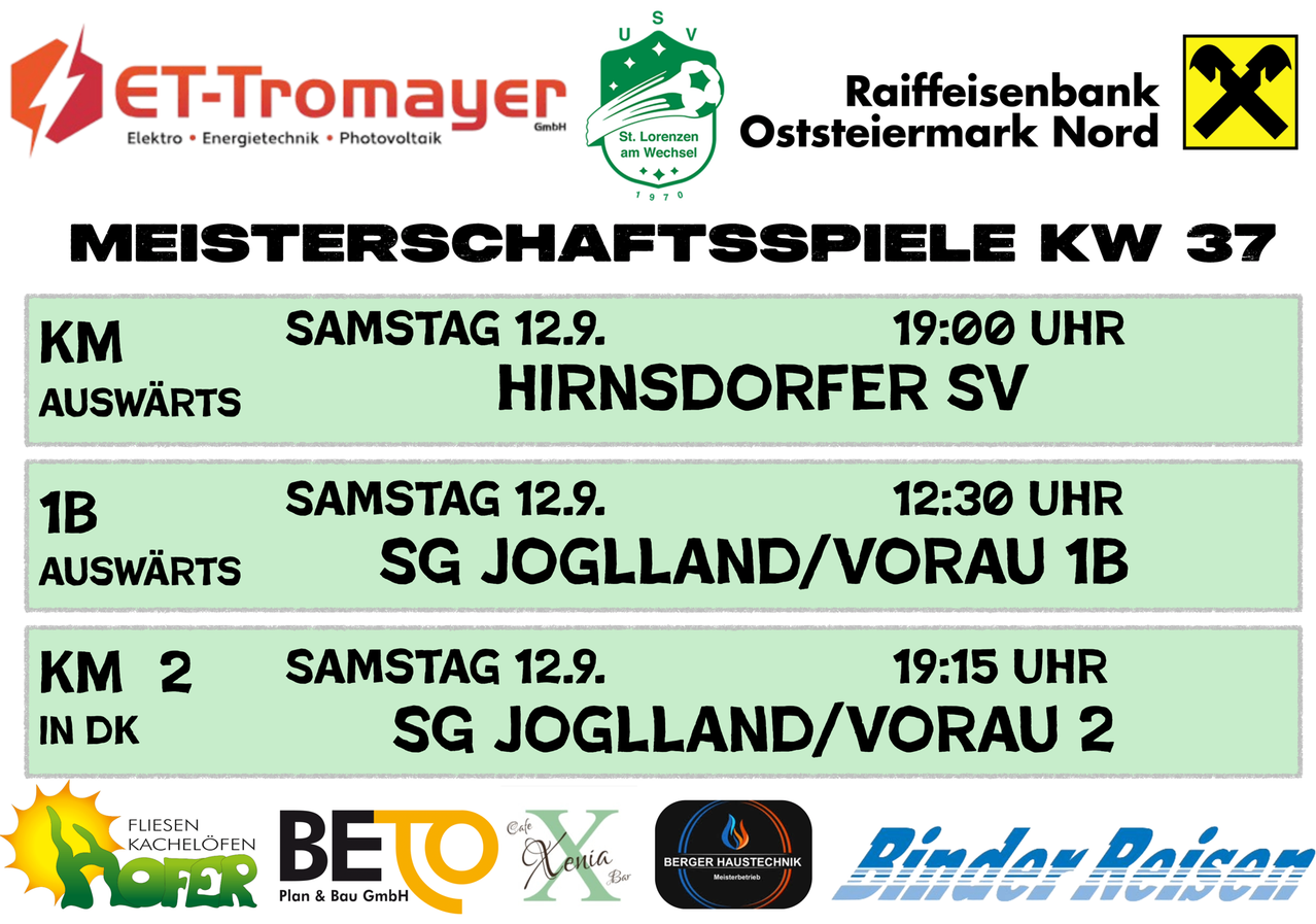 Plakat mit Werbung für Fußballspiele am Samstag, 12. September. Spiele umfassen Hirnsdorfer SV um 19:00, SG Joglland/Vorau 1B um 12:30 und SG Joglland/Vorau 2 um 19:15. Sponsoren sind Tromayer, Raiffeisenbank und andere.