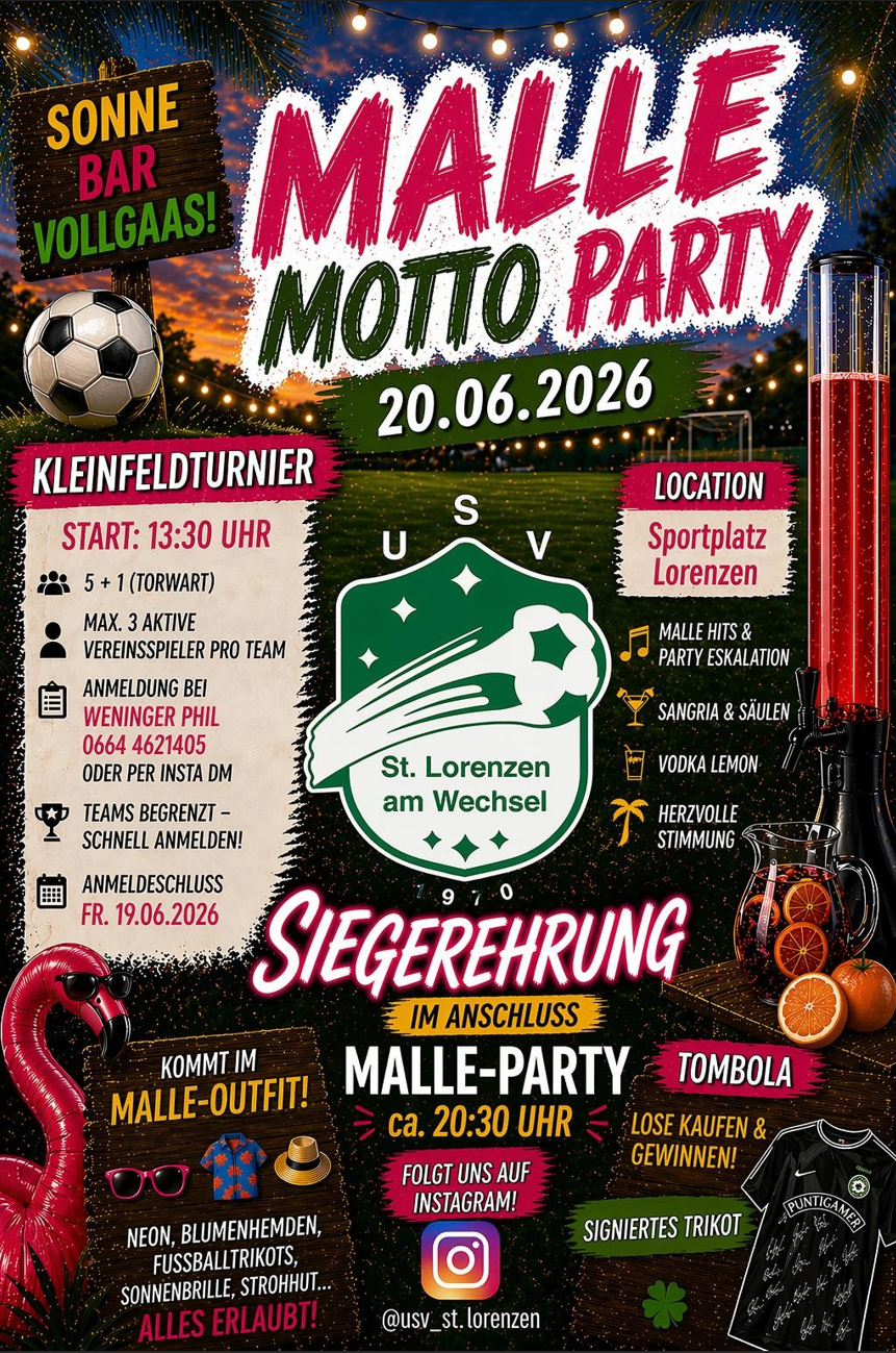 Plakat für eine Fußballveranstaltung am 20.06.2026 mit Fußballball, Getränken und einem Flamingo. Veranstaltungsdetails umfassen Startzeit, Ort und Teamregistrierung.