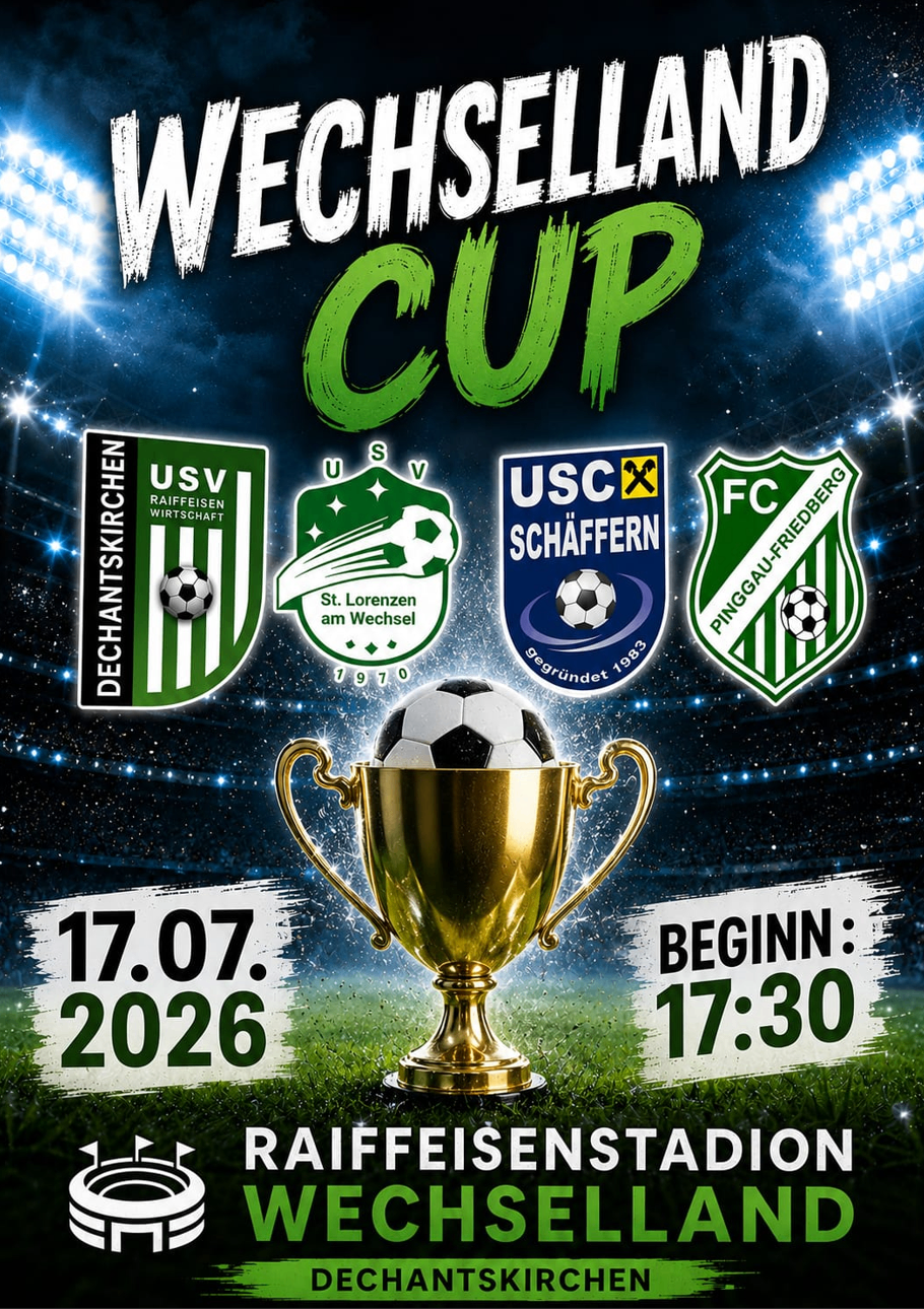 Soccer cup tournament poster with four teams, a trophy, and a soccer ball. Date 17.07.2026, time 17:30.